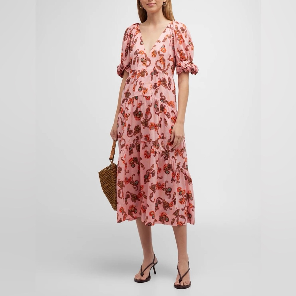 A.L.C Carmela Paisley Midi Dress Puff Sleeve Tiered Pink Size 10